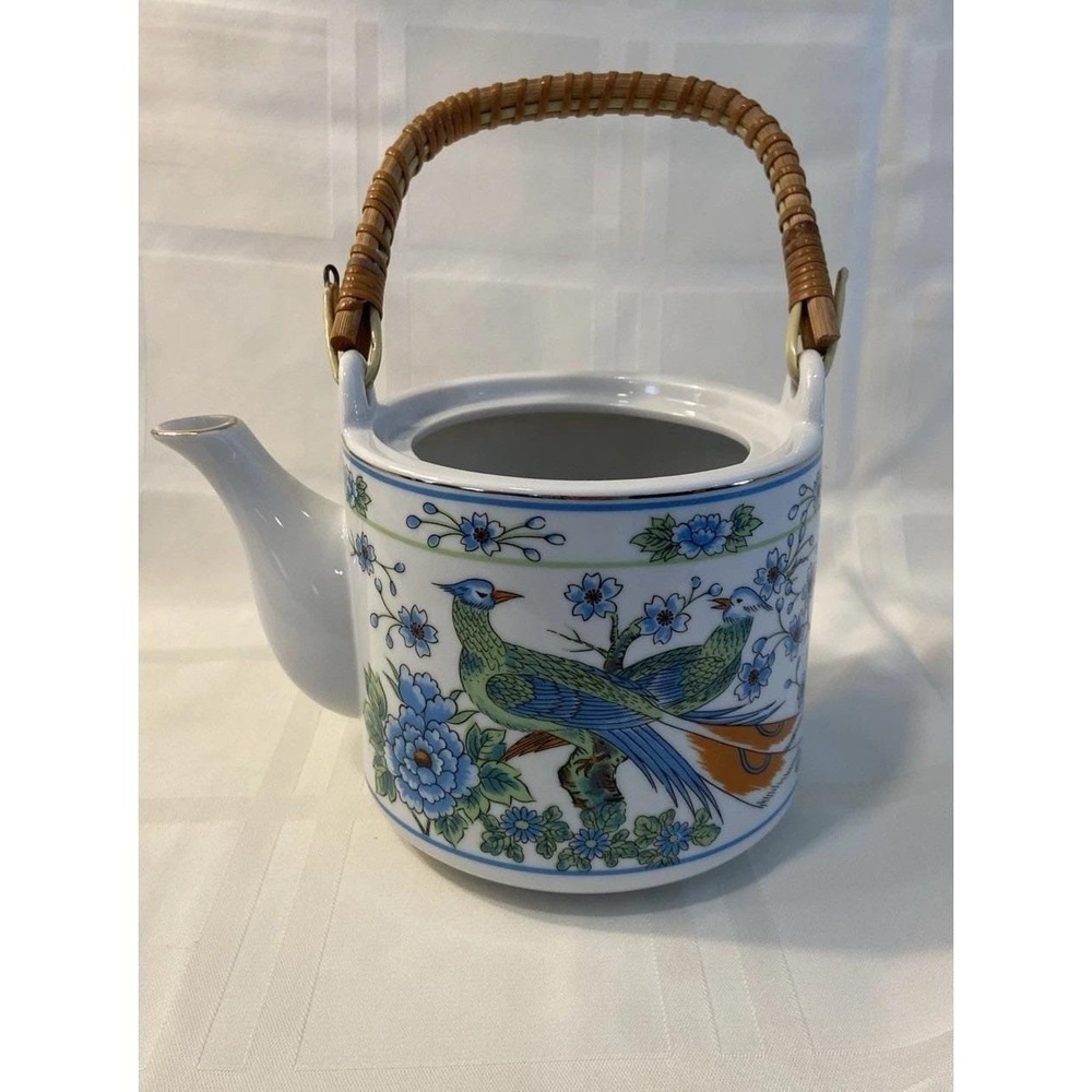 Imari Ware Teapot Vintage Bamboo Handle Japanese Birds And Floral Motif *No Lid*